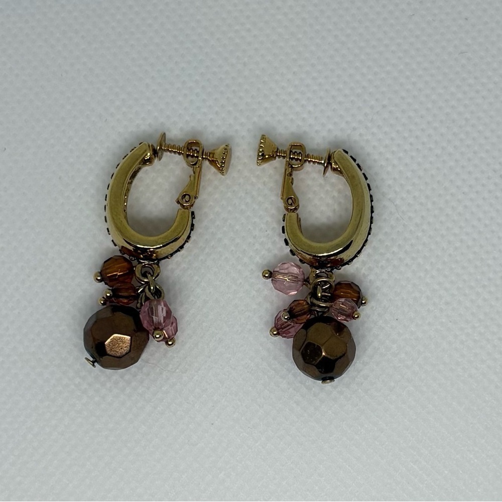 Vintage Style Gold Tone Clip-On Dangle
Earrings | Bronze & Pink Beaded Cluster